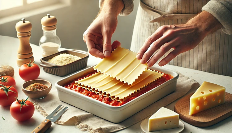Layering gluten-free lasagna noodles with tomato sauce.