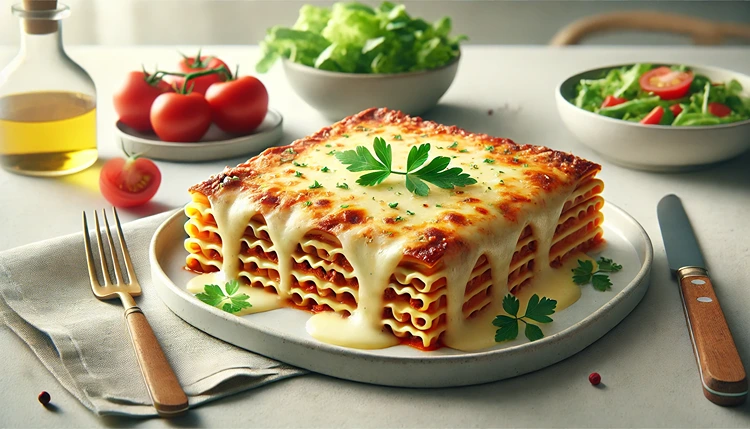 Gluten-free lasagna slice with melted dairy-free cheese and salad.