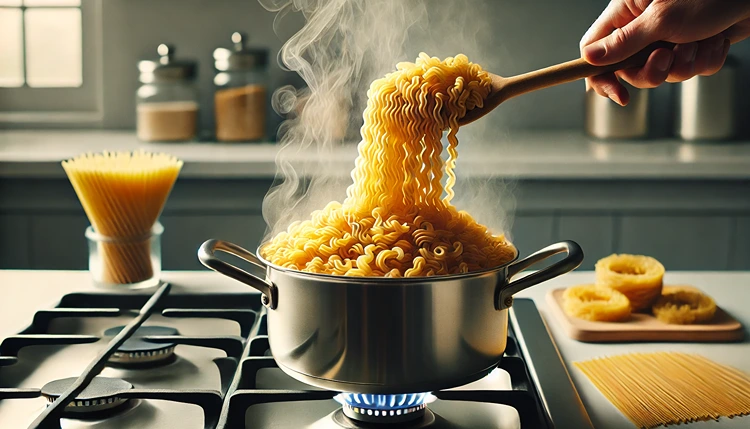 Gluten-free pasta cooking in a pot on the stove.
