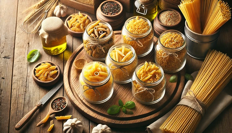 Assorted gluten-free pasta types displayed in jars on a wooden kitchen counter.