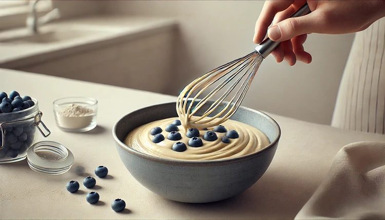 Gluten-free pancake batter made with almond flour and blueberries being mixed