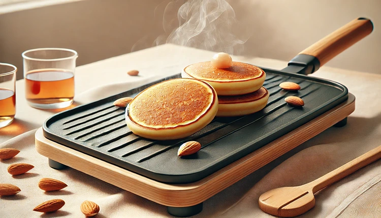 Golden-brown gluten-free pancakes made with almond flour cooking on a griddle