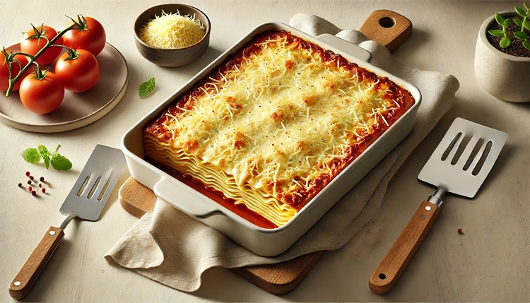 Freshly baked gluten-free lasagna with golden dairy-free cheese in a baking dish.