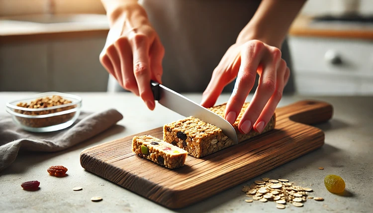 Gluten-free snack bar with oats, dried fruit, and nuts being sliced on a wooden board.