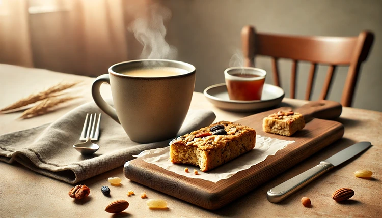 Gluten-free snack bar with nuts and dried fruits next to a cup of coffee on a kitchen table.