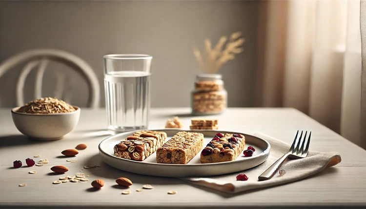 Assortment of gluten-free snack bars with almonds, cranberries, and oats on a white plate.