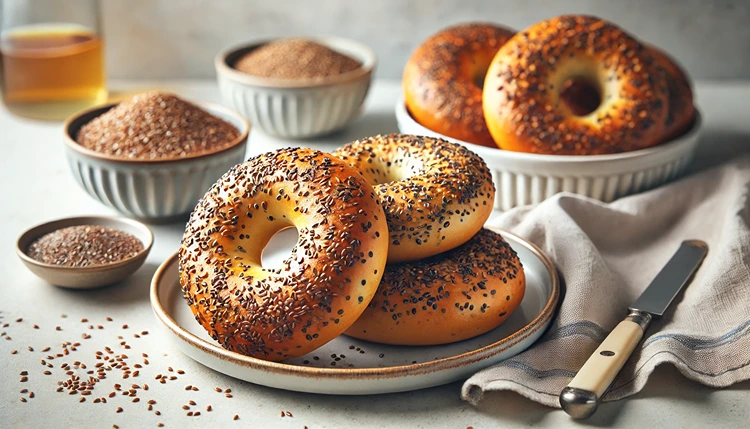 Homemade gluten-free bagels with flaxseed and chia seeds on a plate next to bowls of seeds.