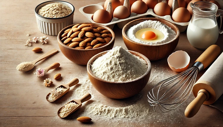 Gluten-free flours including almond, coconut, and oat flour in bowls.