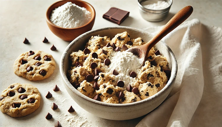 Gluten-free chocolate chip cookie dough being mixed with coconut flour in a bowl.