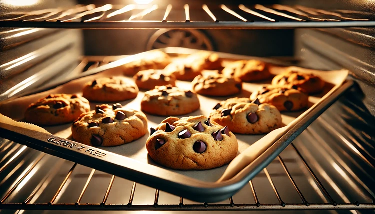 Gluten-free chocolate chip cookies baking in the oven on a tray.
