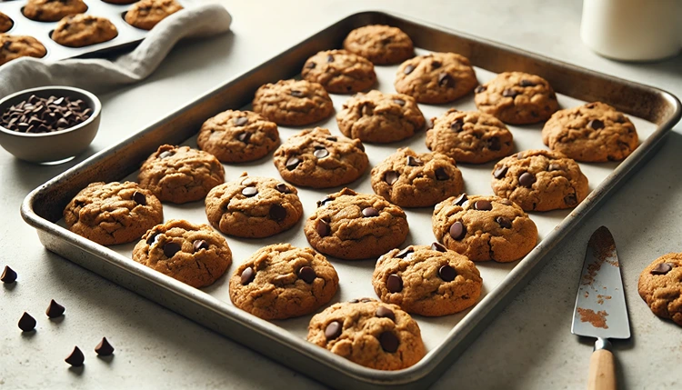 A batch of freshly baked gluten-free chocolate chip cookies with coconut flour placed on a baking tray.