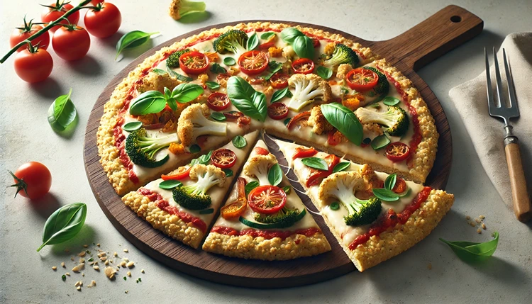 Completed gluten-free pizza with cauliflower and almond flour crust, topped with vegan cheese and roasted vegetables.