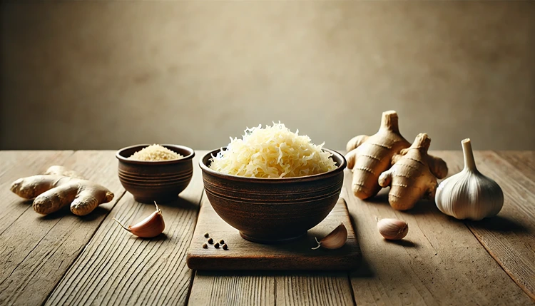 Probiotic-rich sauerkraut with garlic and ginger on a wooden table for gut health.