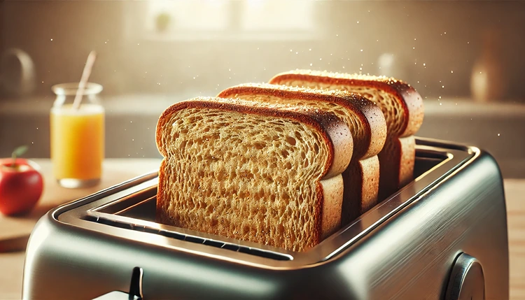 reshly toasted gluten-free bread in a stainless steel toaster, showing texture and warmth.