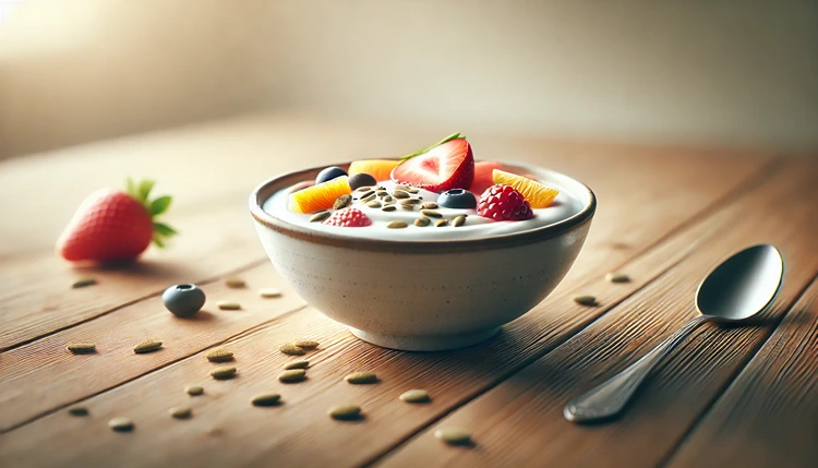 Probiotic yogurt with fruits and seeds for a gut-friendly, gluten-free meal.