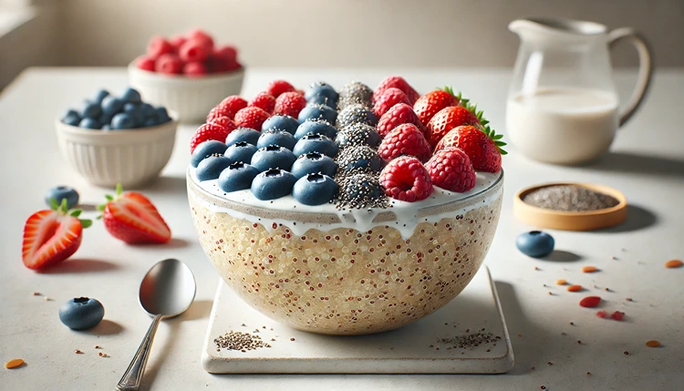 Fully assembled quinoa breakfast bowl with fresh berries, almond milk, and chia seeds