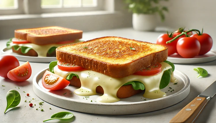 Gluten-free grilled cheese sandwich with melted cheese on a white plate