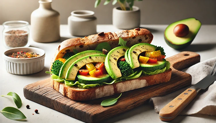 Open-faced gluten-free sandwich with avocado and roasted vegetables on a wooden cutting board