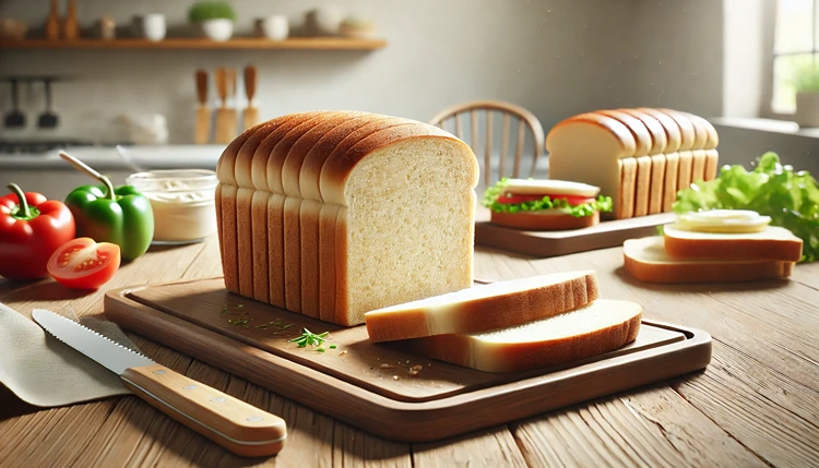 Gluten-free sandwich loaf being sliced on a wooden cutting board