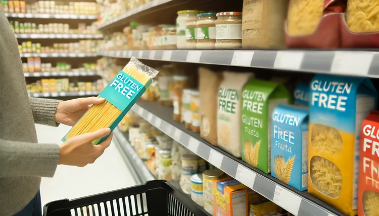 Selecting gluten-free products in a grocery store.