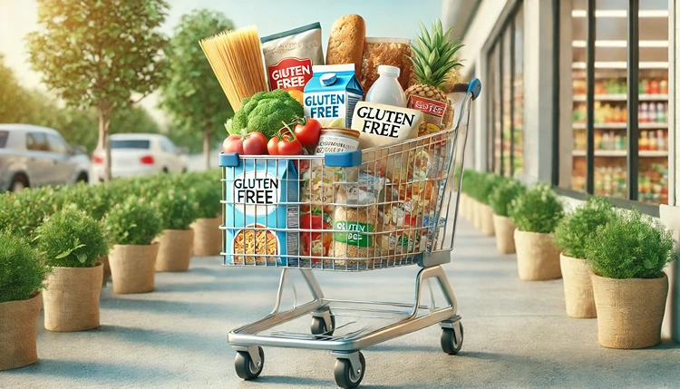 Grocery cart filled with gluten-free products like fresh vegetables and labeled gluten-free items.